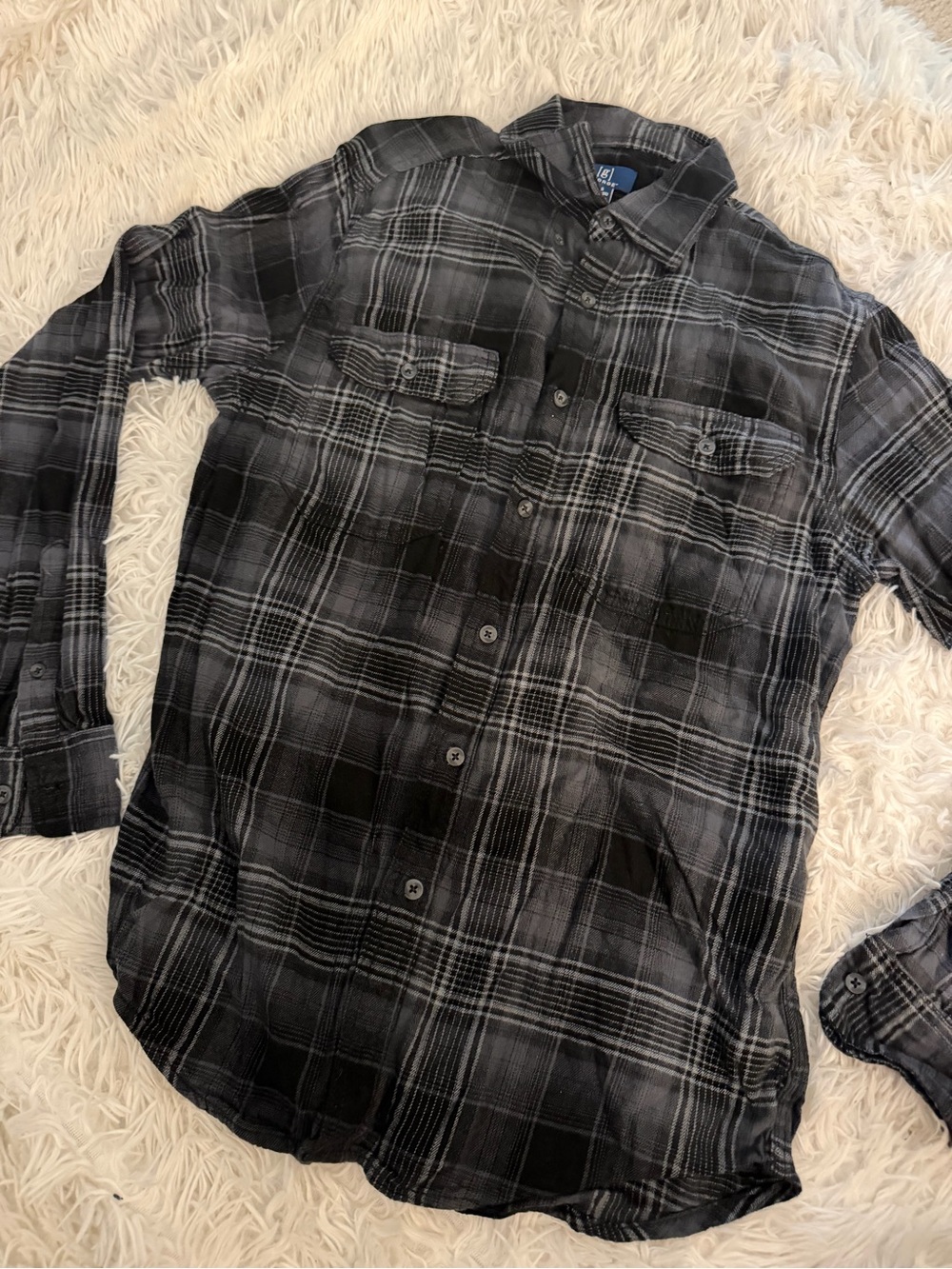 George Men’s Small Black Gray Plaid Flannel Button Front Shirt
